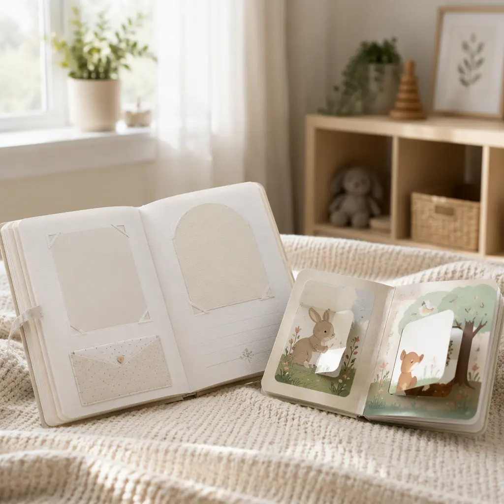 Interactive baby books with textured pages and flaps in a softly lit nursery