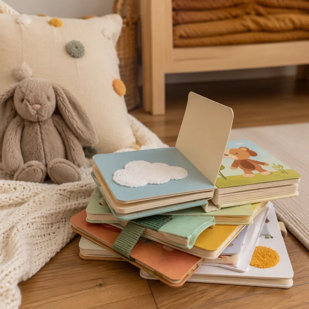 Durable interactive baby board books with textures and flaps in natural light