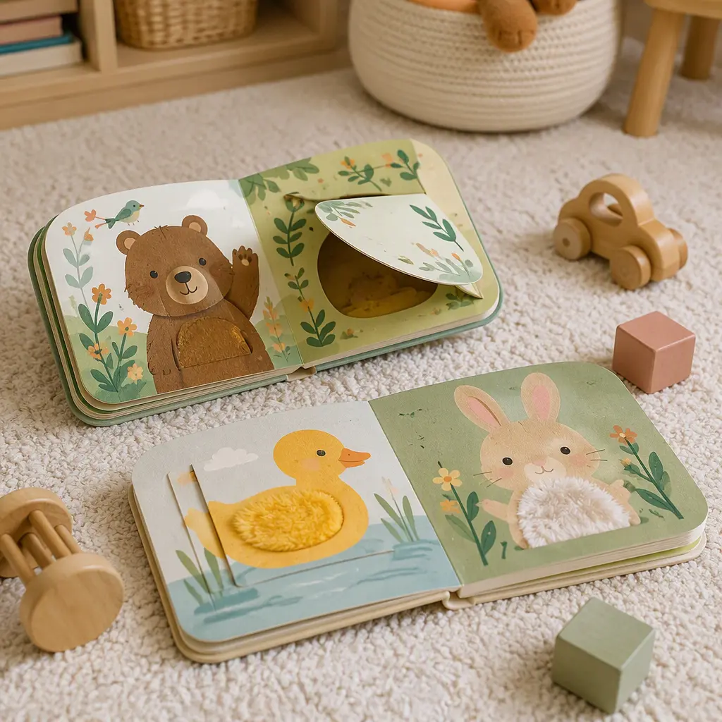 Lift-the-flap and touch-and-feel baby books on a nursery rug in soft natural light