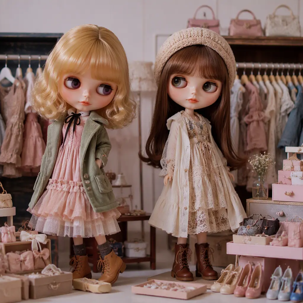 Fashion dolls with layered outfits and accessories arranged in a studio setting