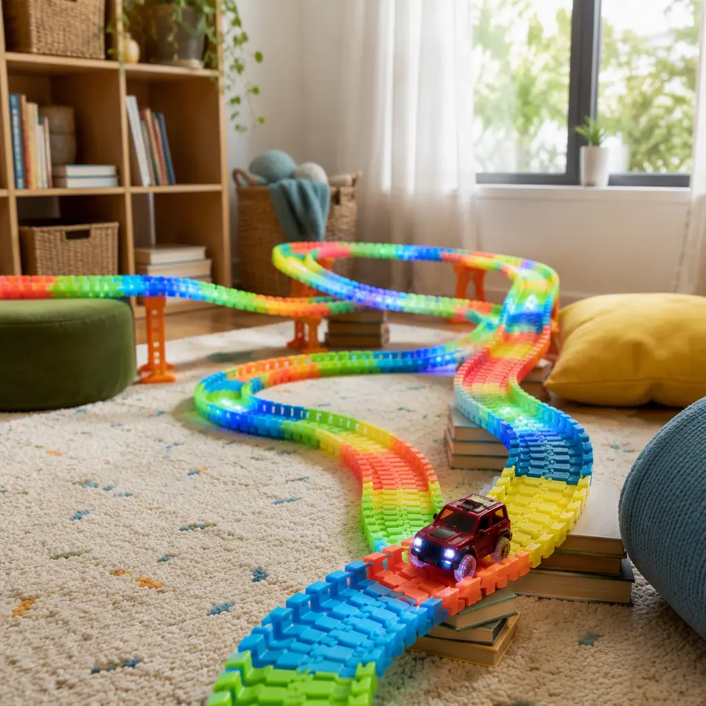 Flexible glowing toy racetrack winding through a playroom obstacle course