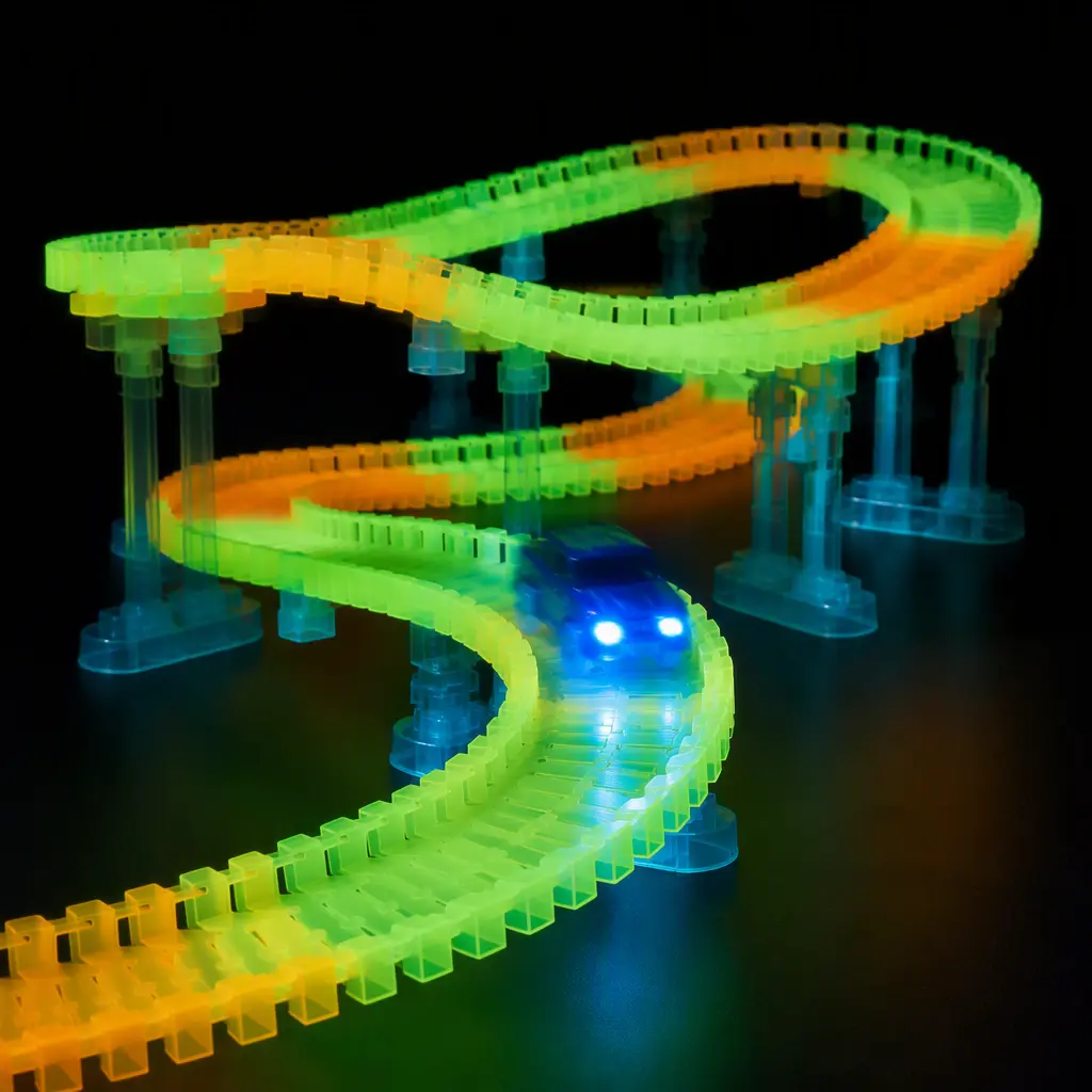 Elevated flexible glowing racetrack with a light-up toy car