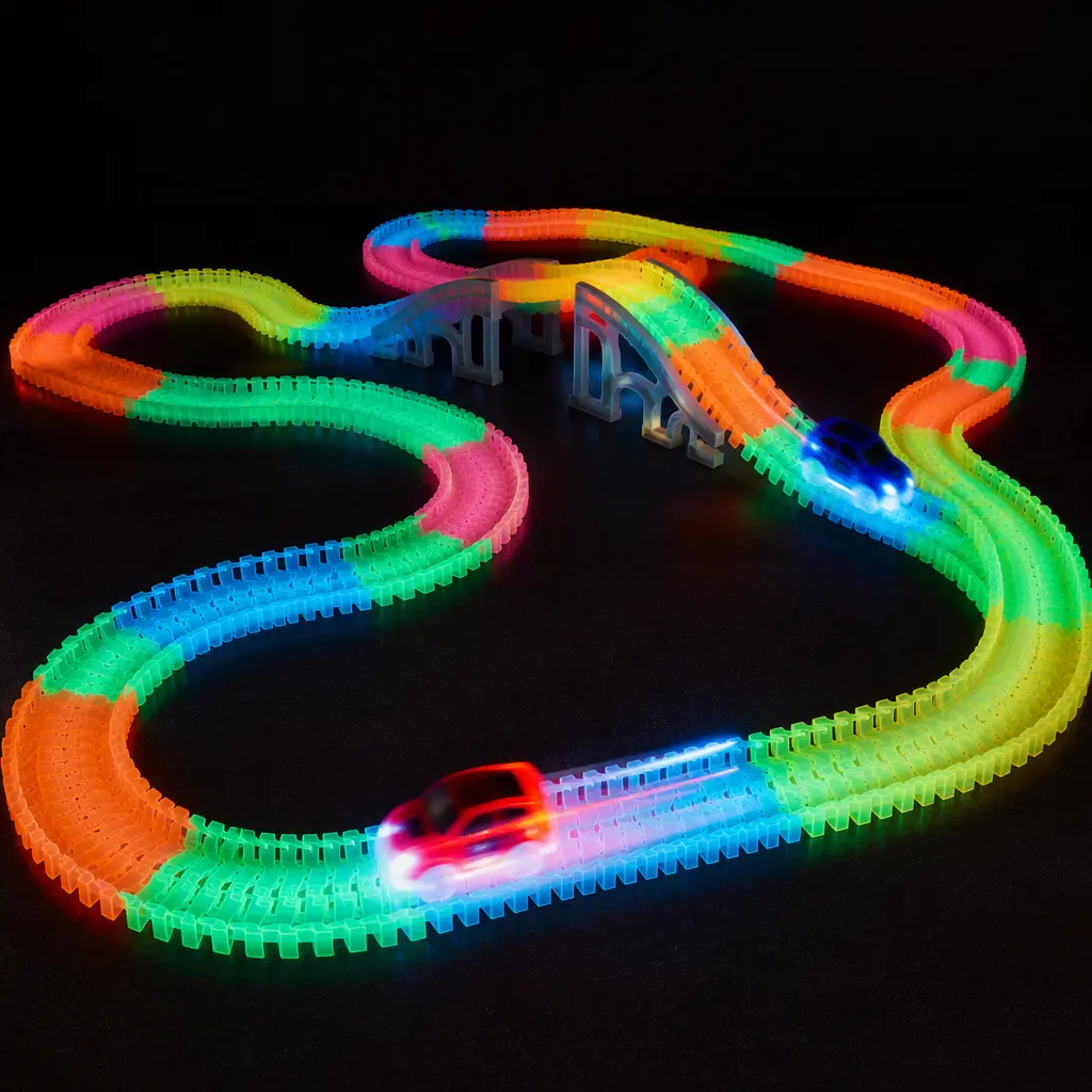 Flexible glow-in-the-dark toy racetrack with light-up cars on a dark tabletop