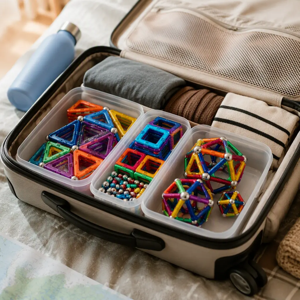 Magnetic building pieces organized inside a travel bag