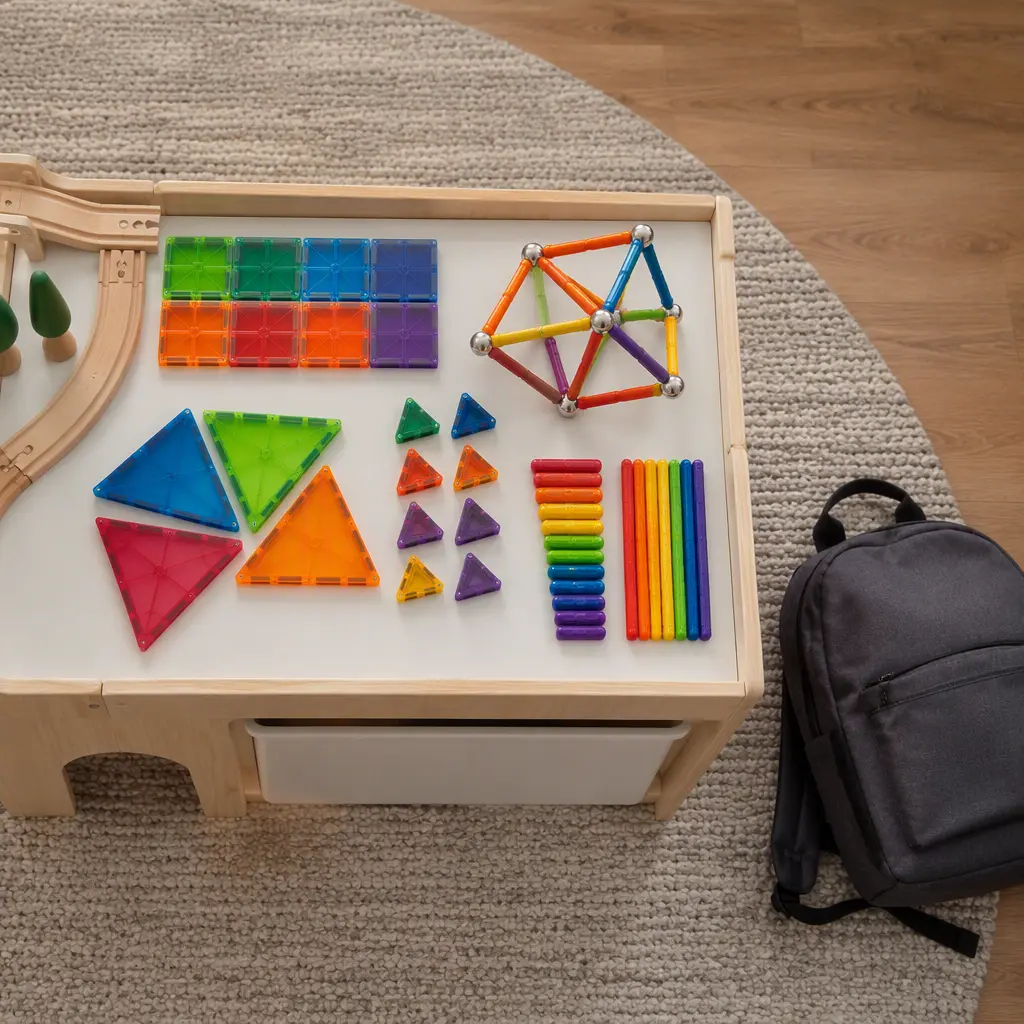 Different magnetic building toy styles arranged for travel play
