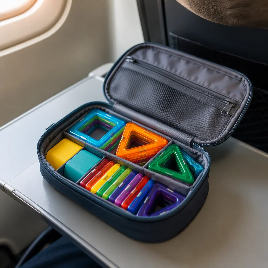 Magnetic building toys packed in a travel pouch for a flight or road trip
