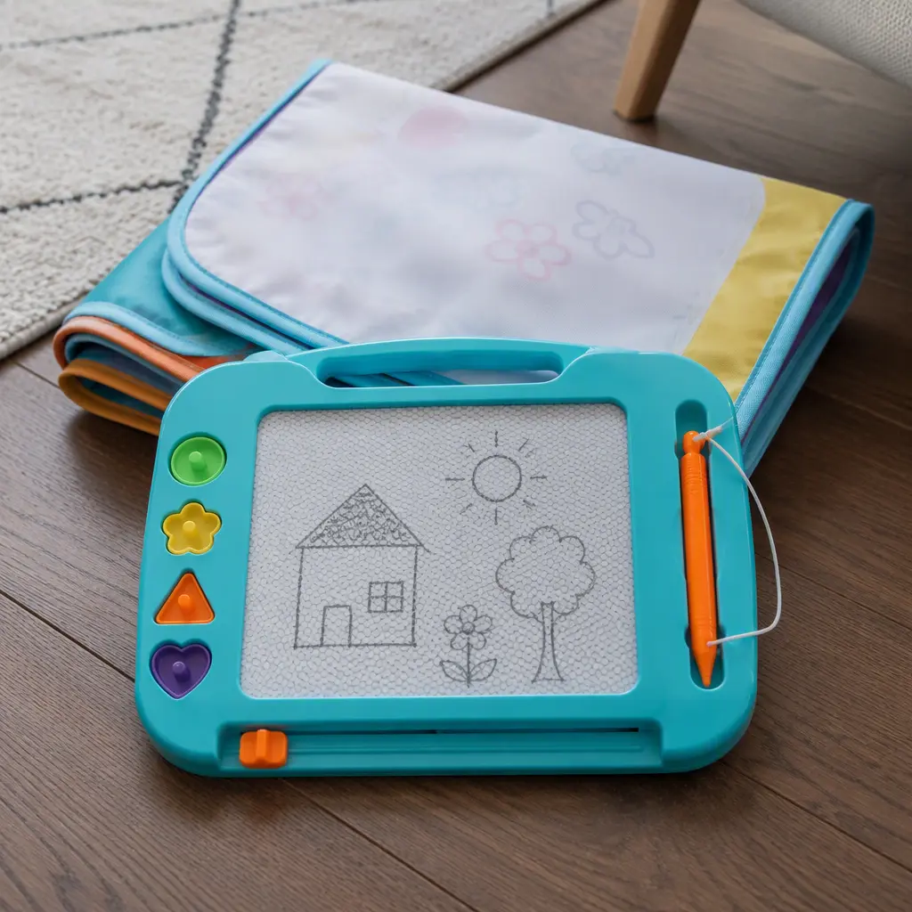Magnetic drawing board and reusable water mat in a tidy home play space