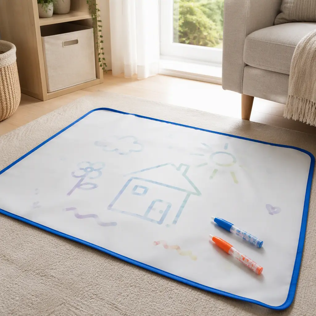 Reusable water drawing mat drying on a living room floor