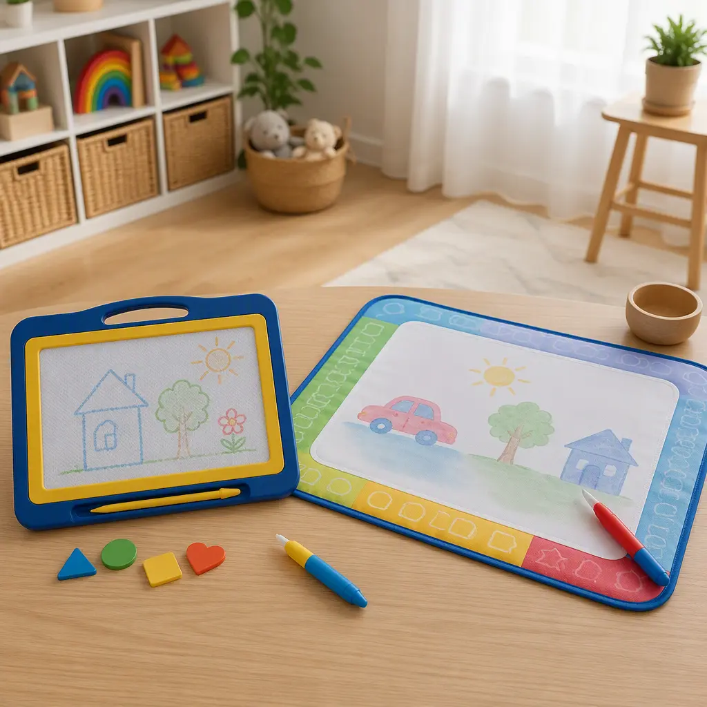 Reusable magnetic drawing board and water drawing mat arranged in a toddler play area
