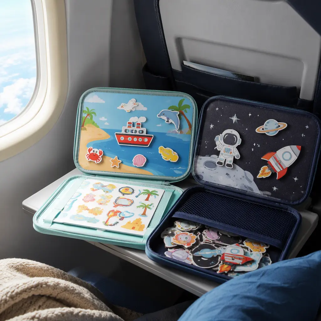 Compact magnetic and sticker travel activities arranged on an airplane seat