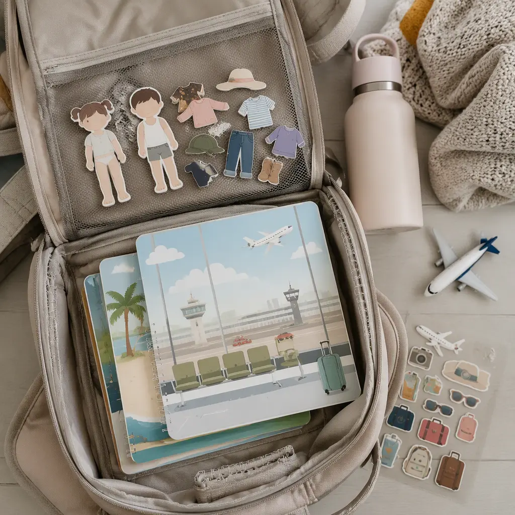 Travel activity kit with magnetic dress-up toys and reusable sticker books