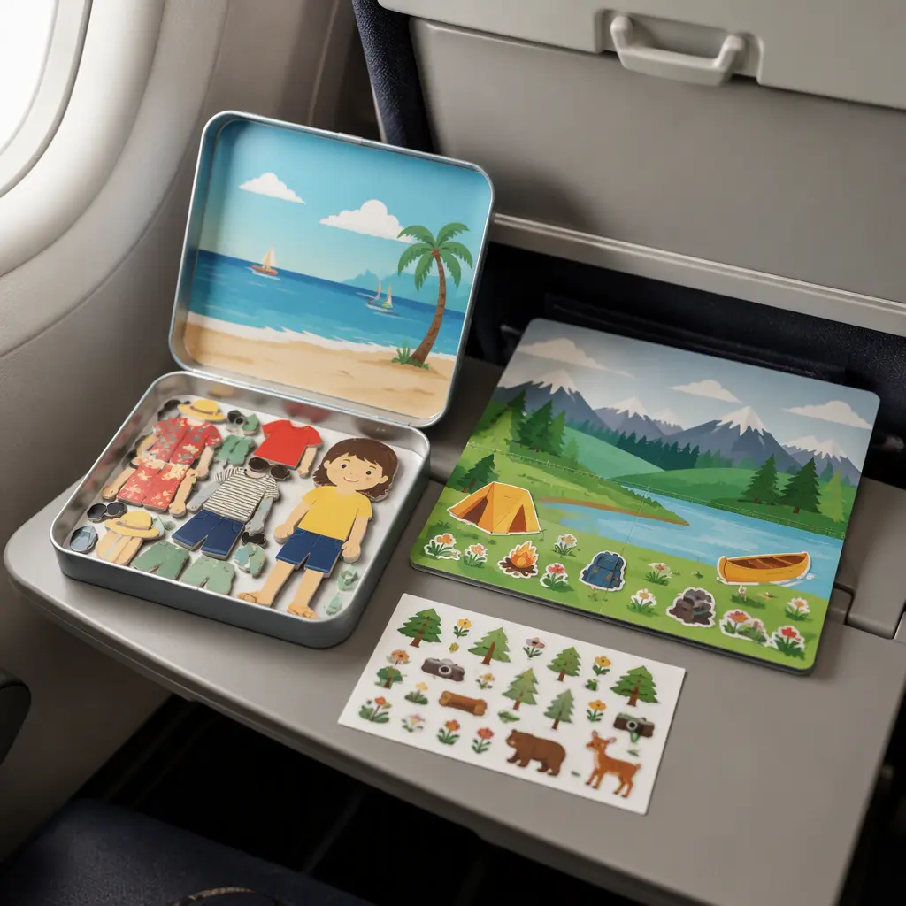 Magnetic dress-up set and reusable sticker scene on an airplane tray table