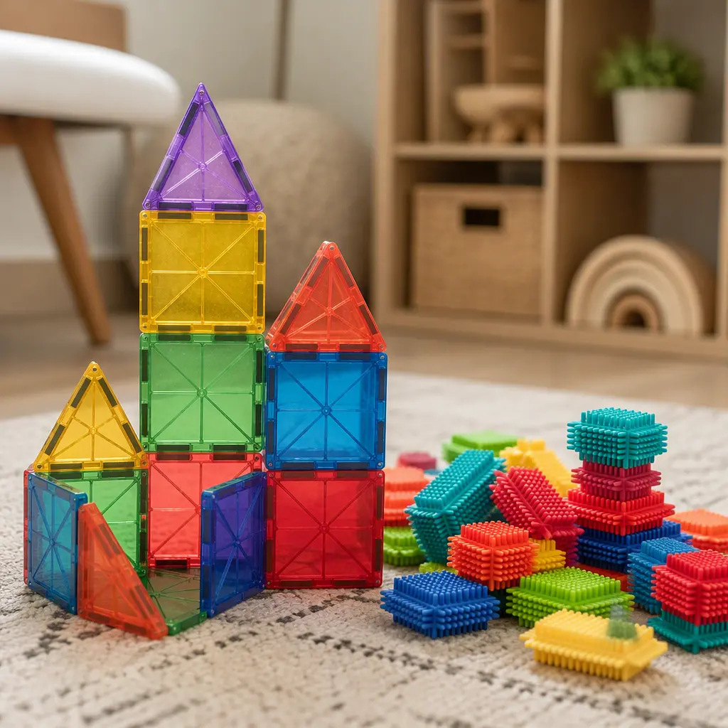 Simple magnetic tile towers and bristle block builds on a rug
