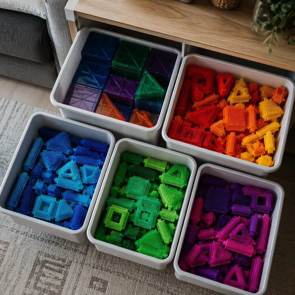 Storage bins with magnetic tiles and bristle blocks organized for toddler play