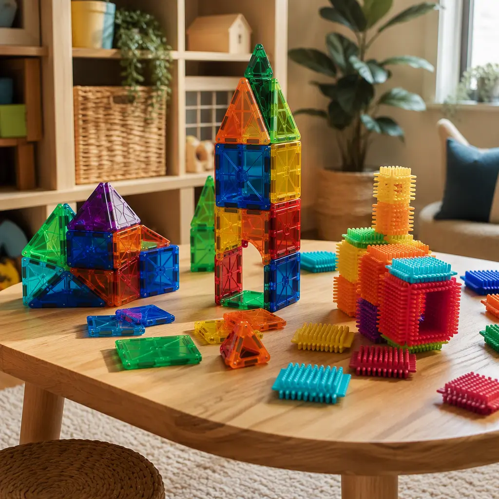 Magnetic tiles and bristle blocks arranged on a toddler play table in soft natural light