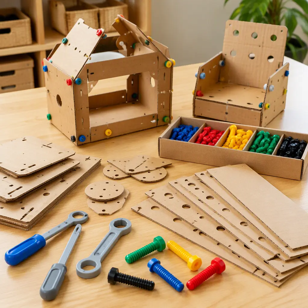 Cardboard construction materials and reusable plastic connectors arranged on a worktable