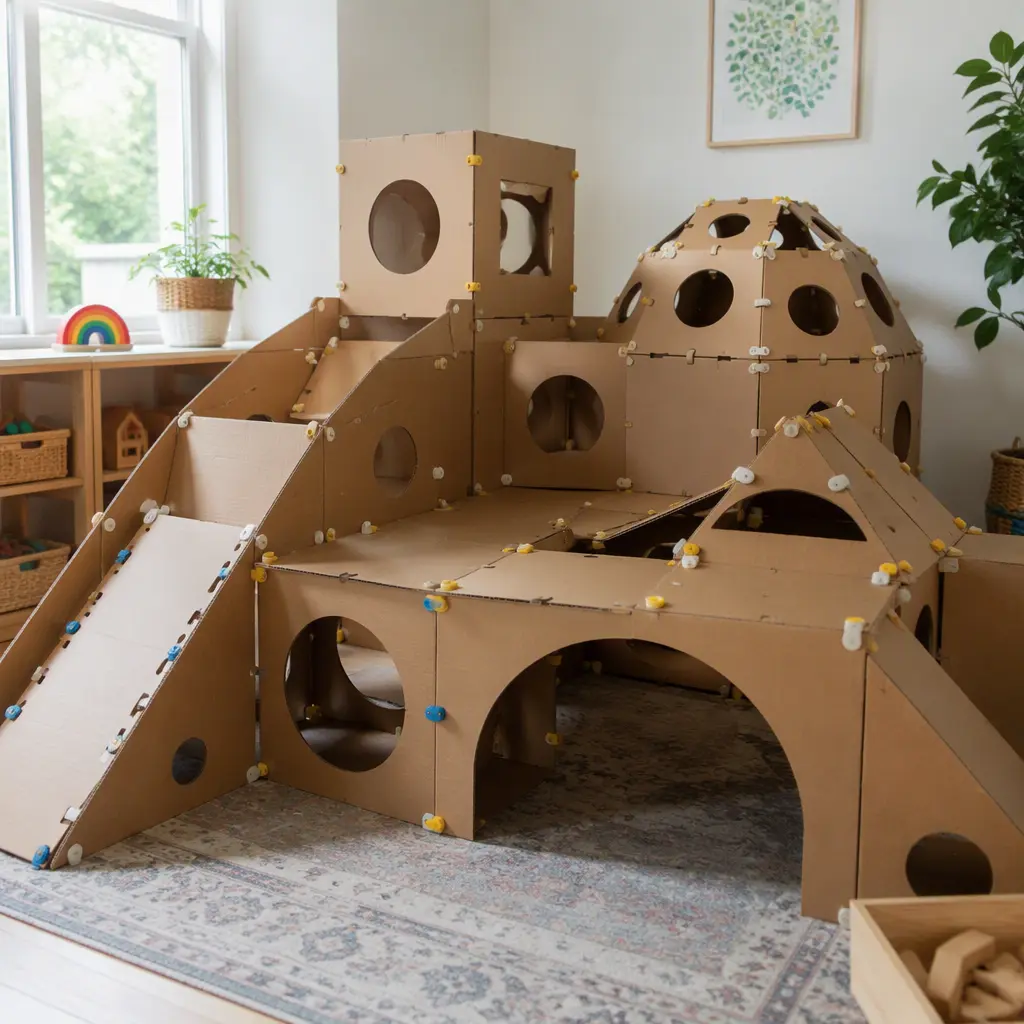 Large cardboard structures assembled with reusable construction connectors