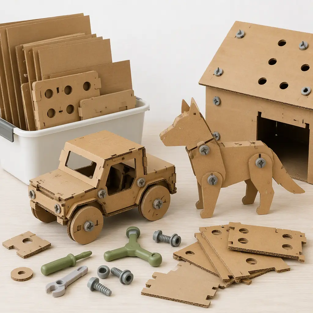 Reusable cardboard construction tools and assembled cardboard projects on a table