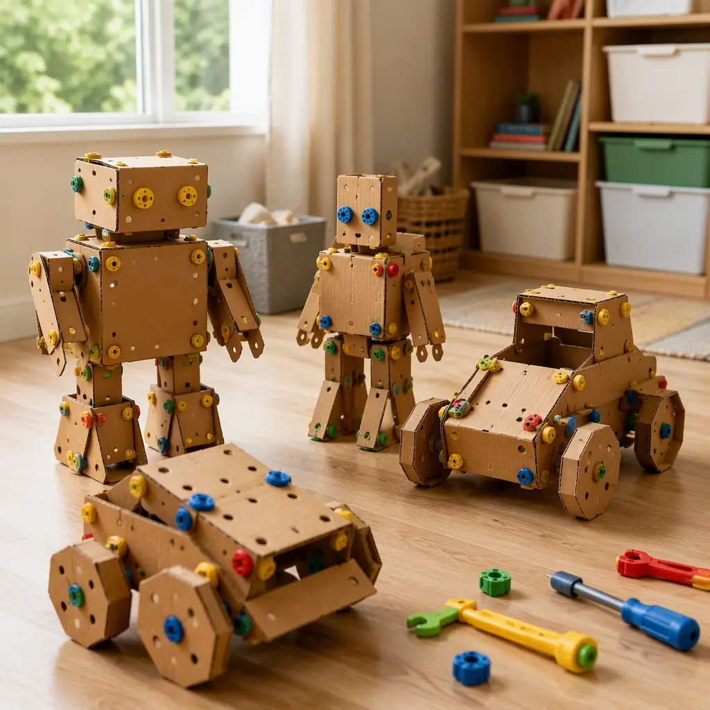 Cardboard robots and vehicles assembled with reusable construction connectors