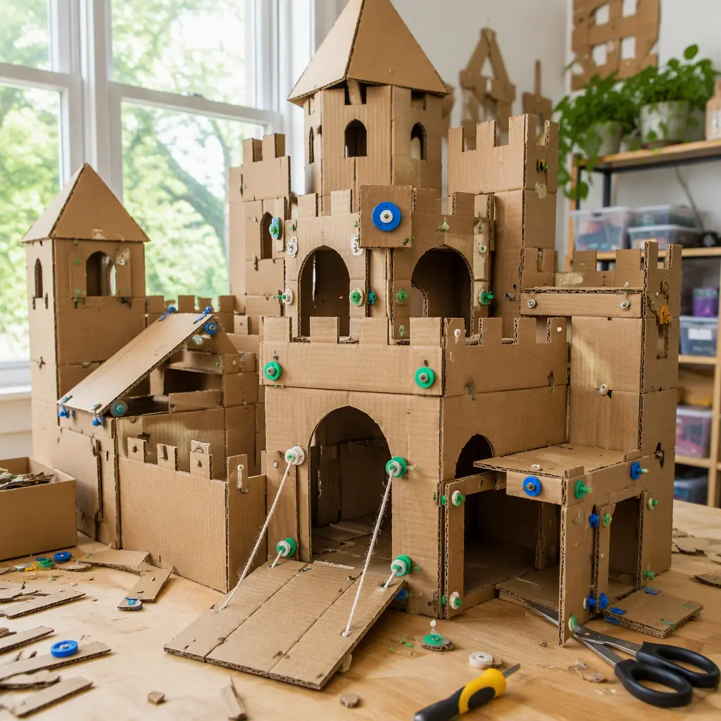 Large cardboard castle project assembled with reusable construction fasteners