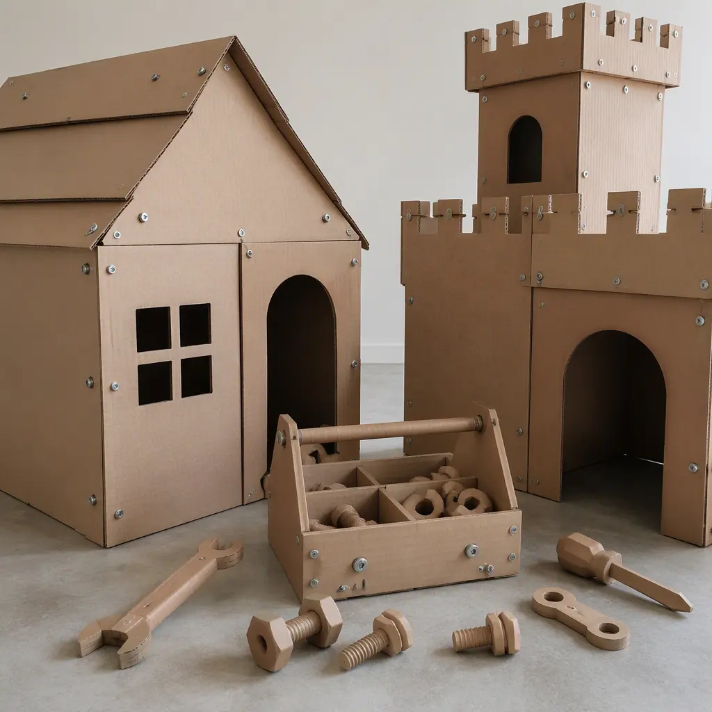 Child-safe cardboard construction tools and large cardboard creations made from shipping boxes