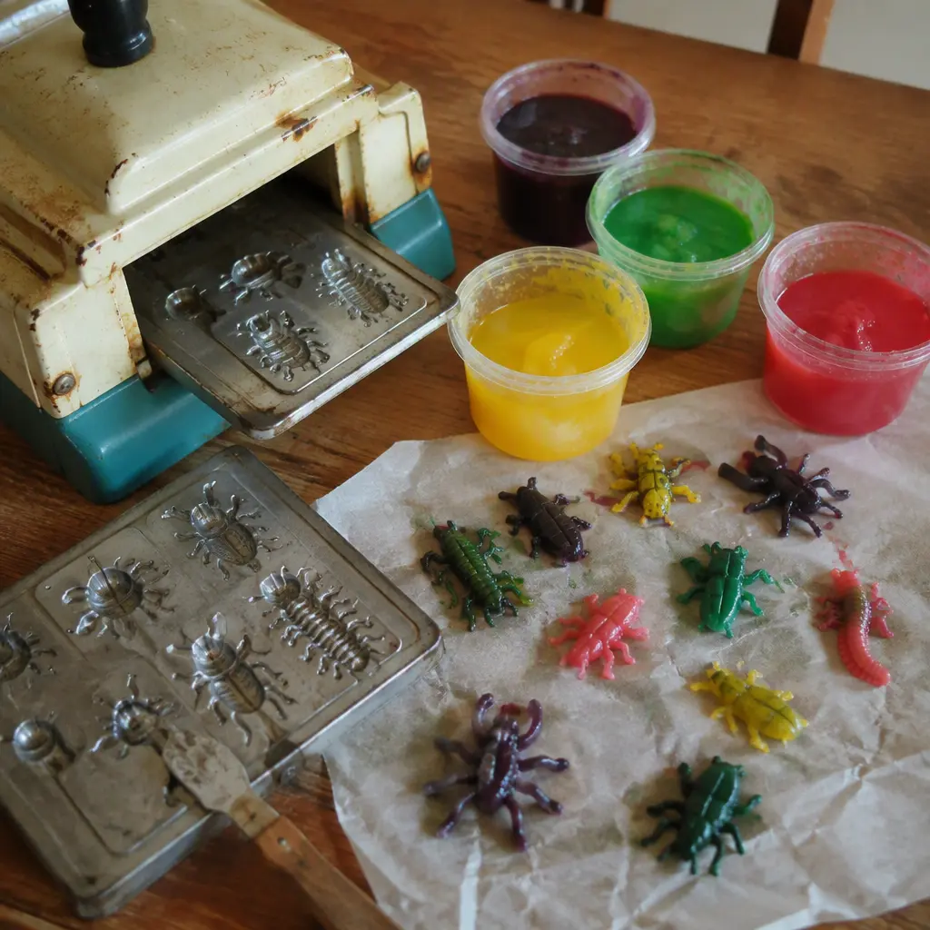 Retro crafting setup with molds and rubber bug creations cooling on a table