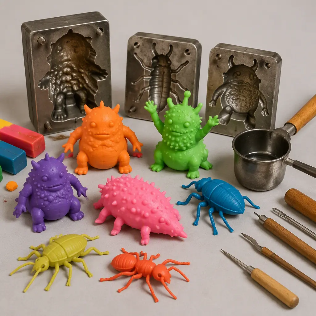 Handmade rubber monster and insect figures beside metal molds