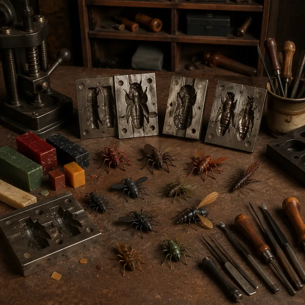 Vintage-style toy workshop with molds and rubbery creature creations on a tabletop