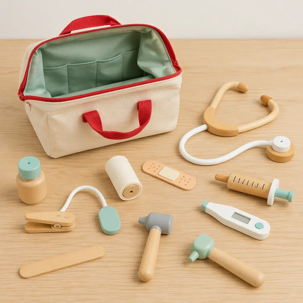 Pretend medical instruments arranged around an open toy doctor bag