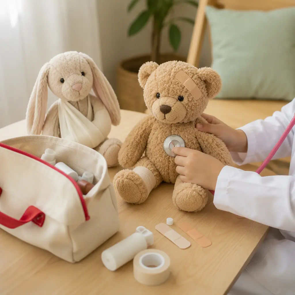 Pretend doctor setup with plush toys and toy medical tools on a small table