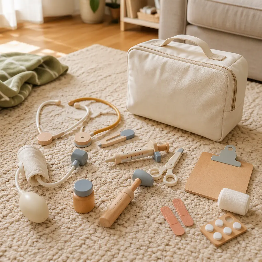 Pretend doctor kit with toy medical tools arranged beside a soft carry bag on a rug
