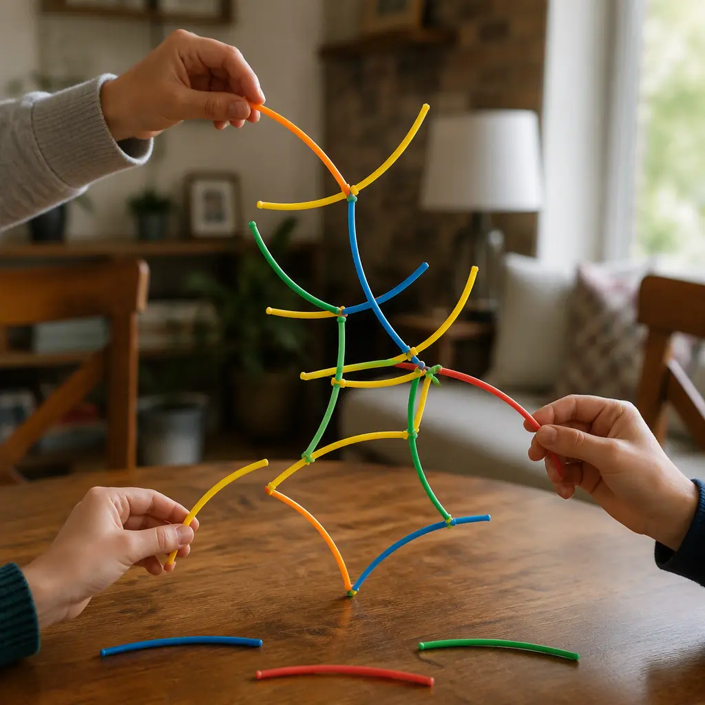 A balancing structure made from colorful rods during gameplay