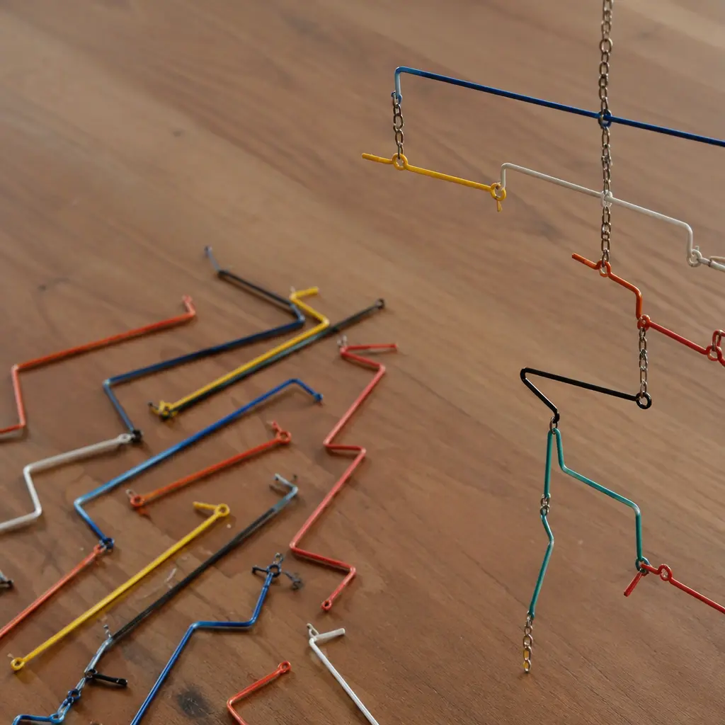 Colorful balancing rods and a partially built tabletop structure