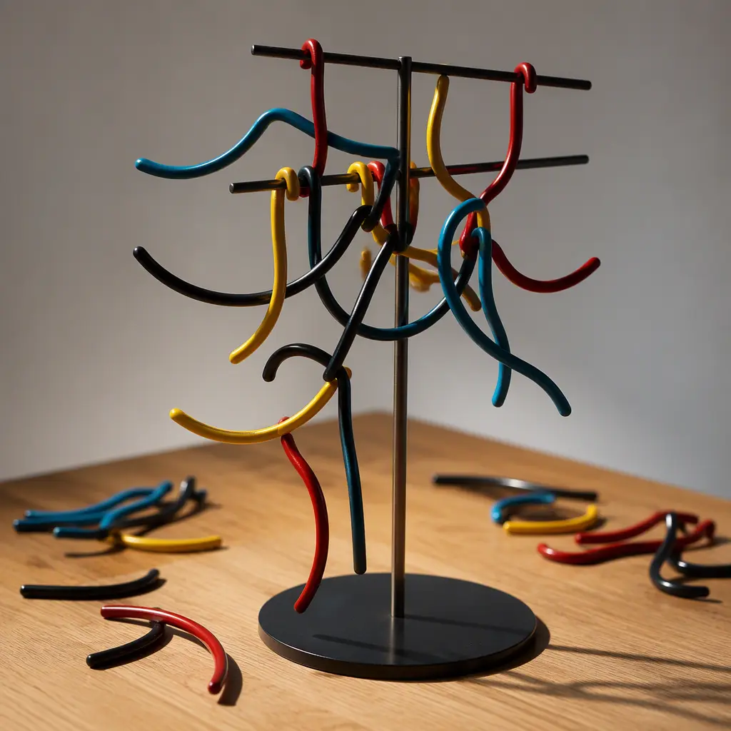 Colorful balancing rods hanging from a tabletop game frame in a studio setting