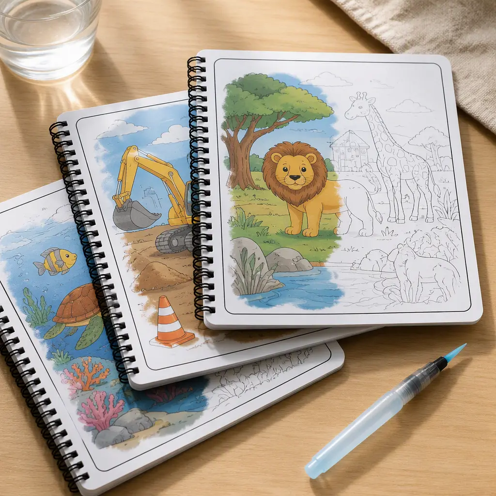 Water reveal activity pages showing colorful hidden illustrations after being painted with water