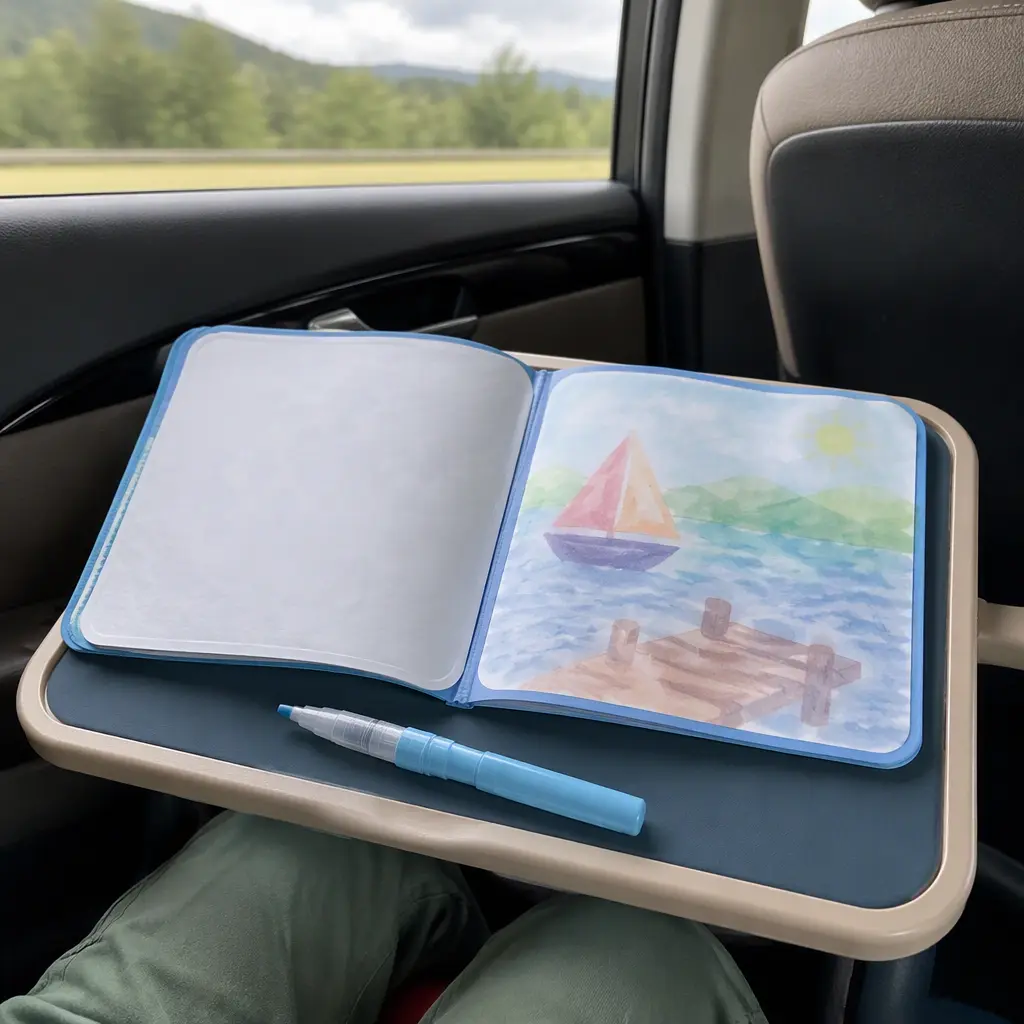 Reusable water coloring activity set up on a travel tray during a family road trip