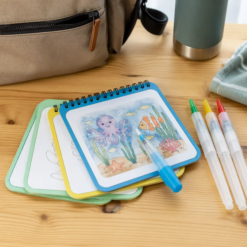 Reusable water coloring pads and refillable pens laid out on a wooden table for travel play
