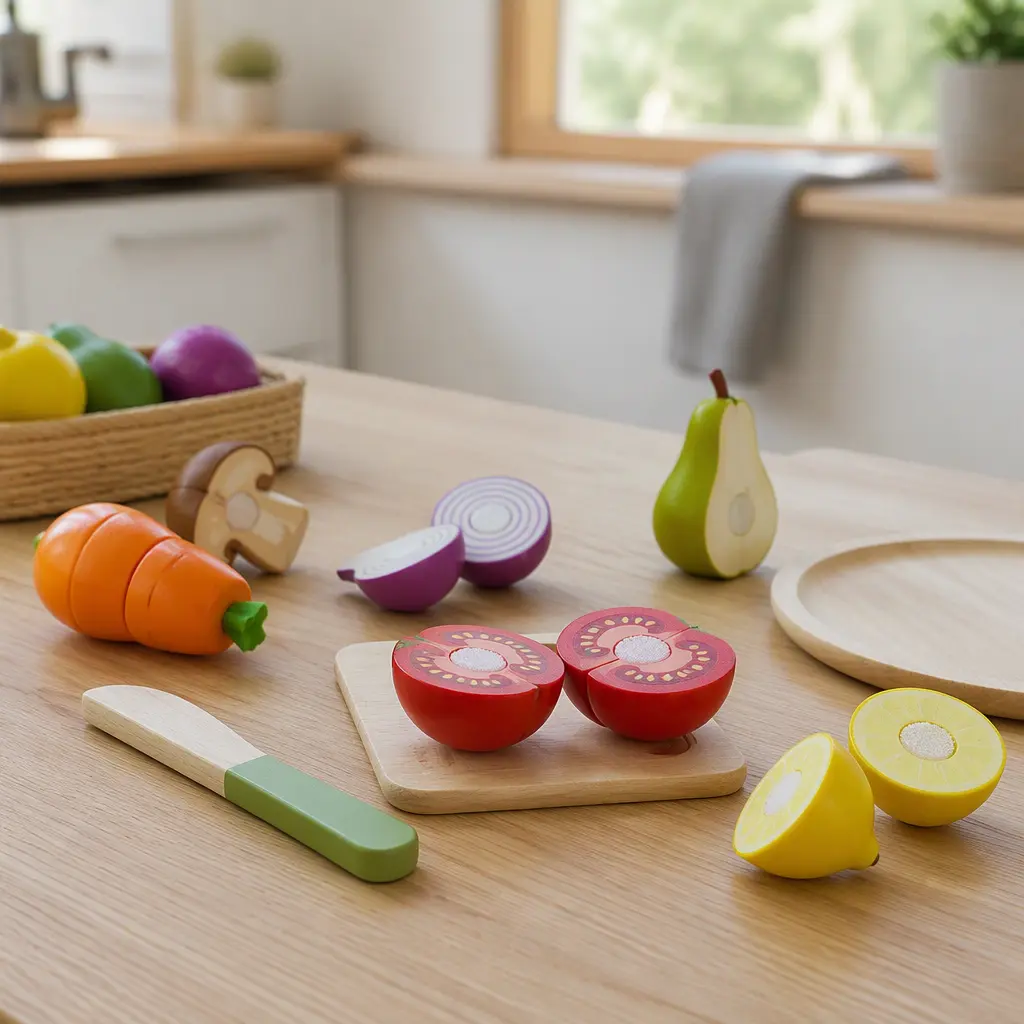 Wooden pretend food pieces separated after being sliced apart during play