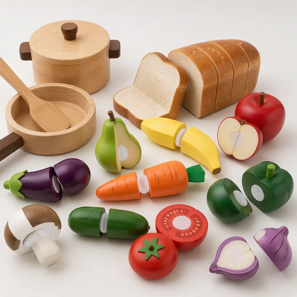Assorted wooden pretend foods and toy kitchen accessories arranged in a studio setting