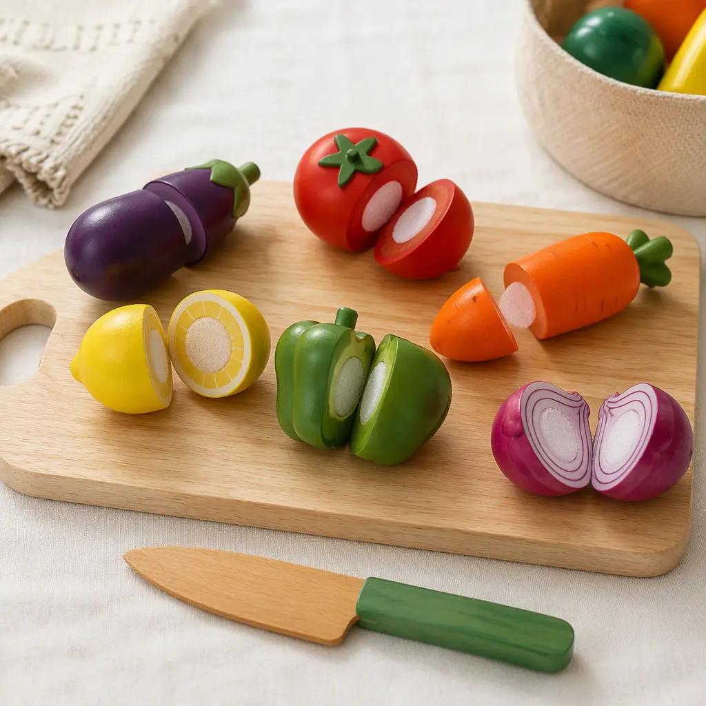 Wooden pretend cutting food pieces on a toy cutting board with a child-sized play knife