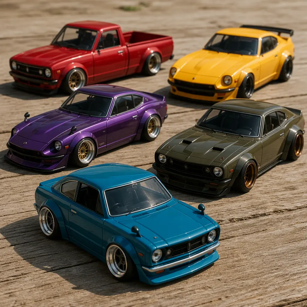 Stylized toy cars with oversized wheels photographed on a tabletop