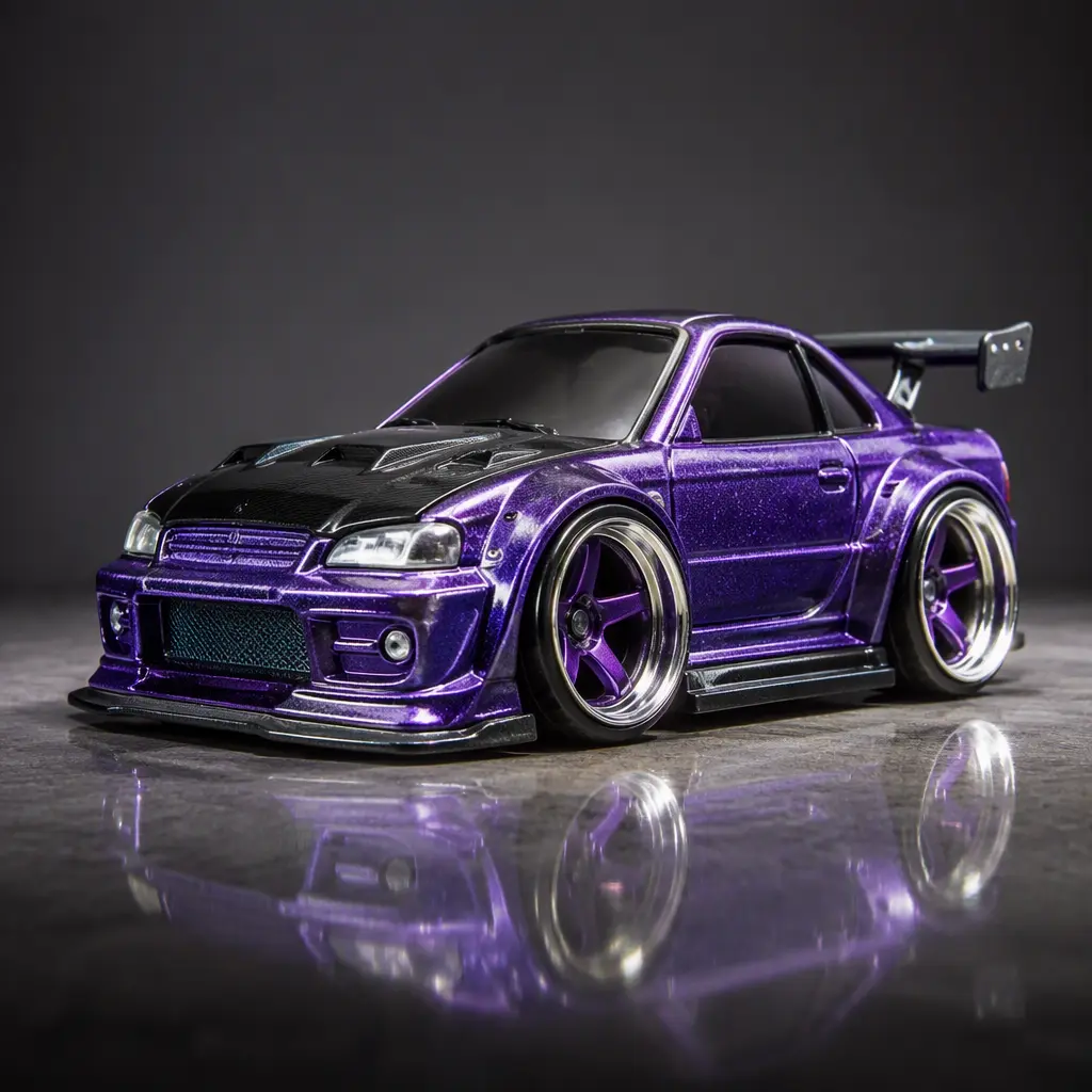 Close-up studio photo of a stylized miniature tuner-style toy car