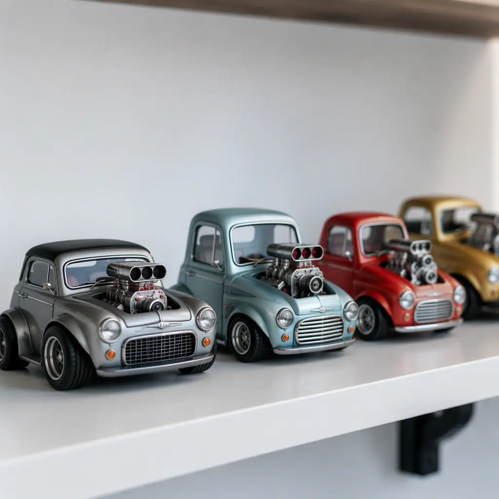 Stylized miniature collectible cars displayed on a shelf in a studio setting