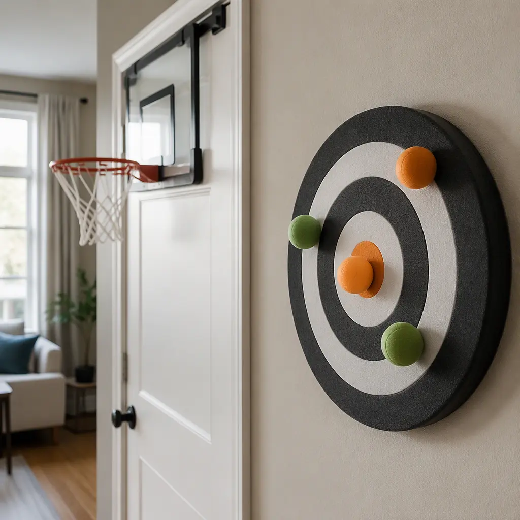 Foam target game and mini basketball hoop in a modern indoor play space