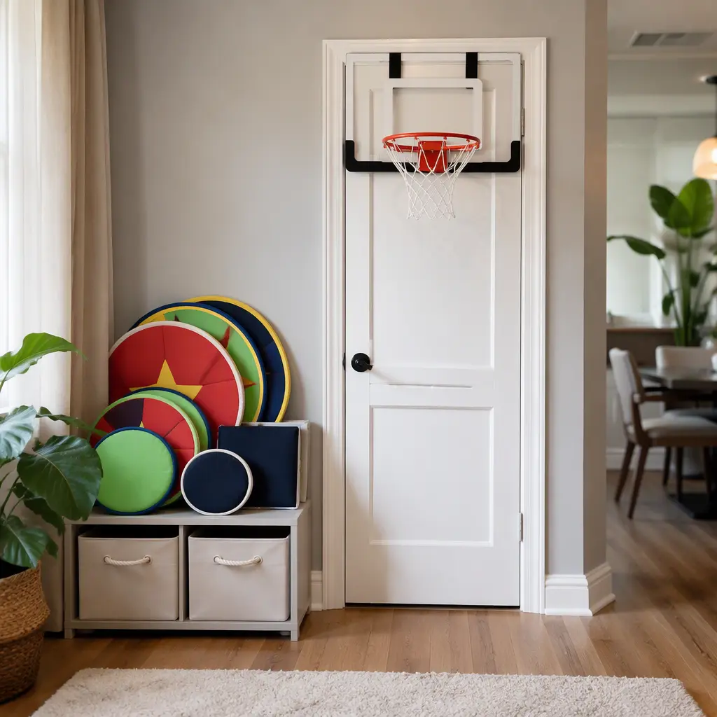 Compact indoor active play setup with stored foam targets and mini basketball hoop