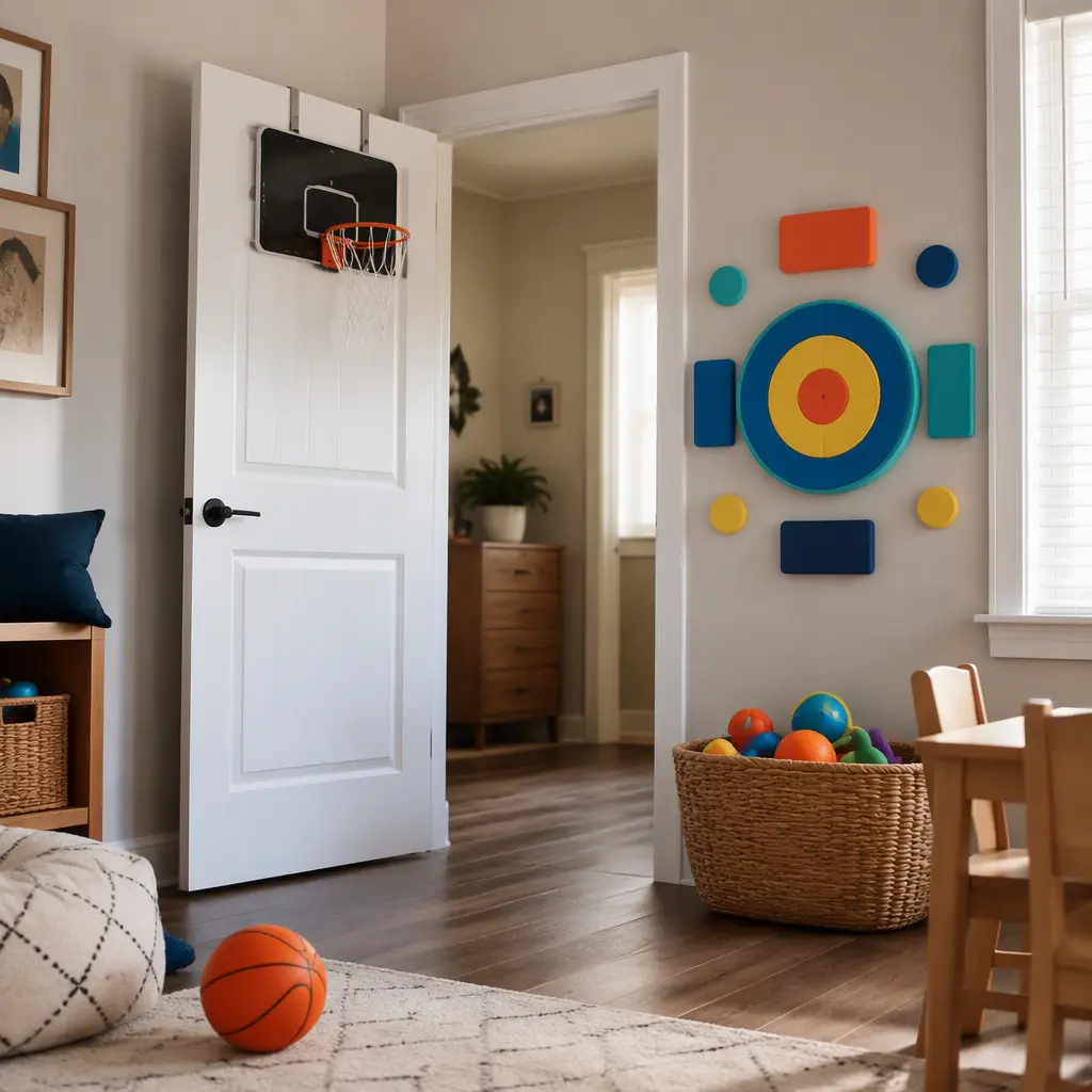 Indoor play area with a mini basketball hoop and foam target game in a family apartment