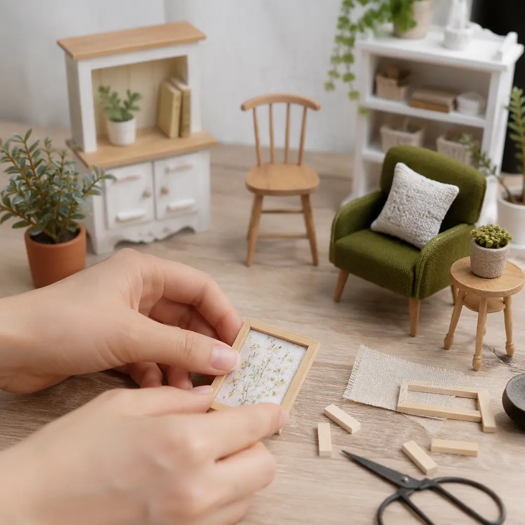 Miniature DIY decor pieces and tiny furniture arranged on a craft table