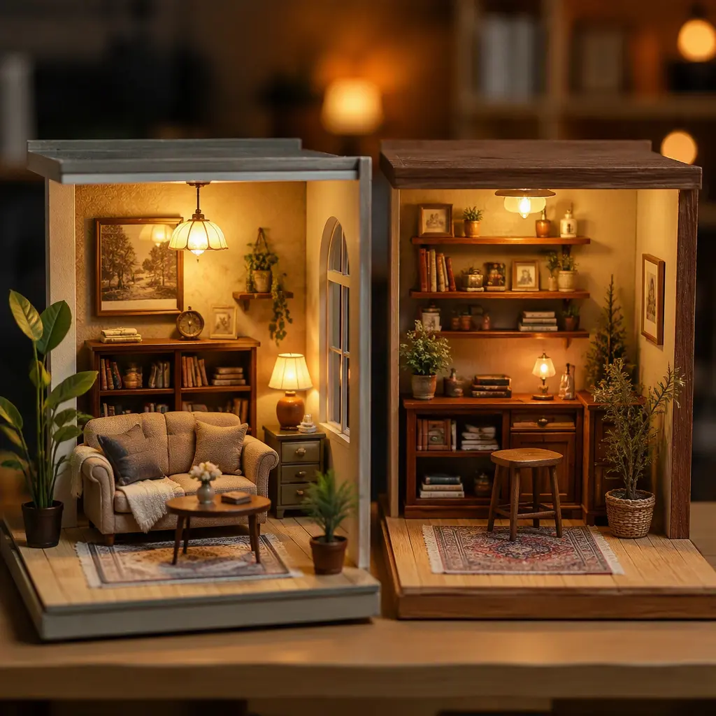 Completed miniature room displays featuring tiny decor and furniture