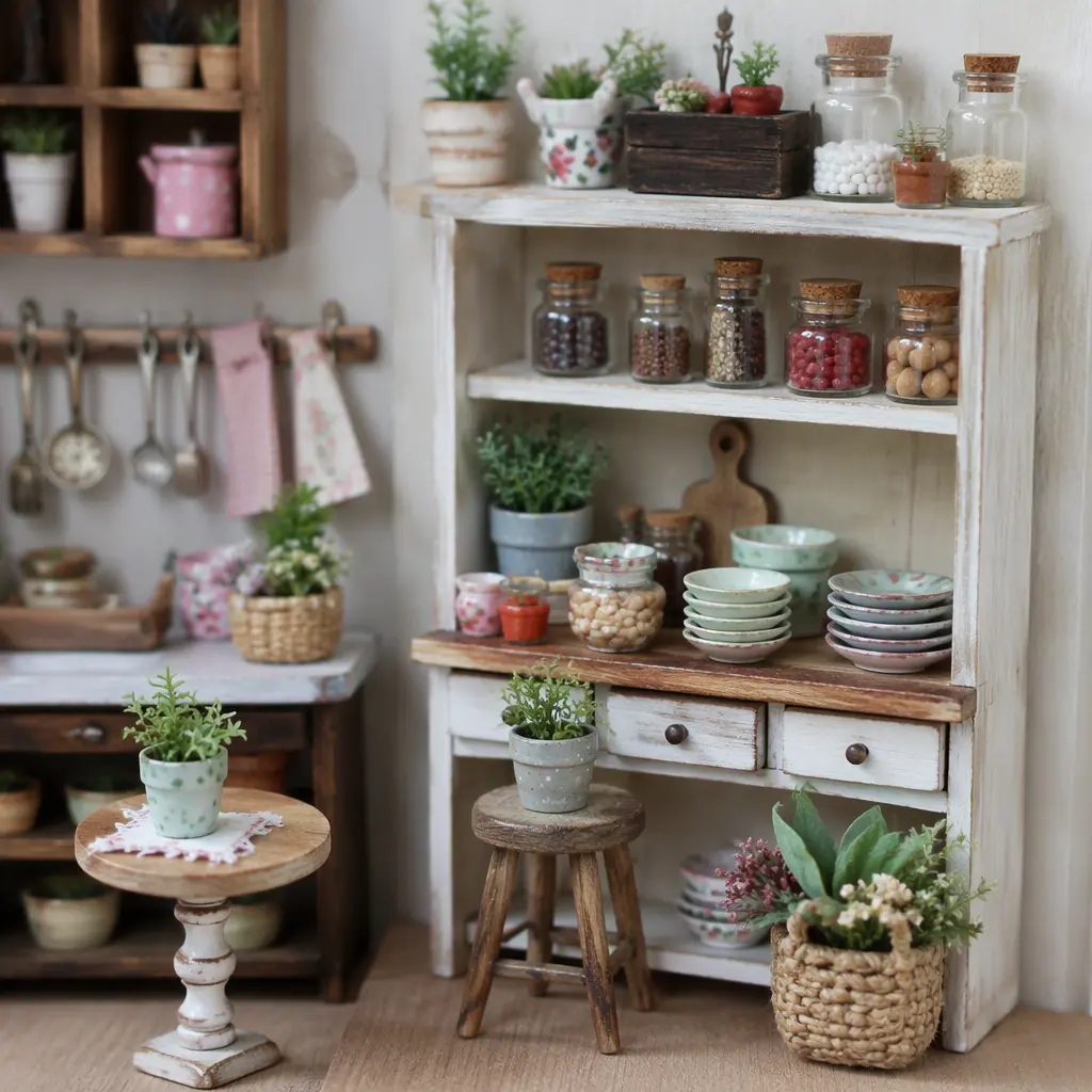Tiny DIY home decor craft pieces arranged on miniature shelves in a softly lit studio scene