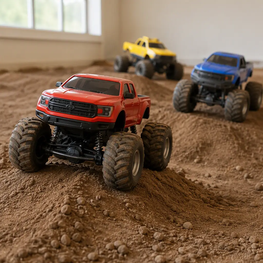 Toy monster trucks climbing over miniature dirt ramps indoors
